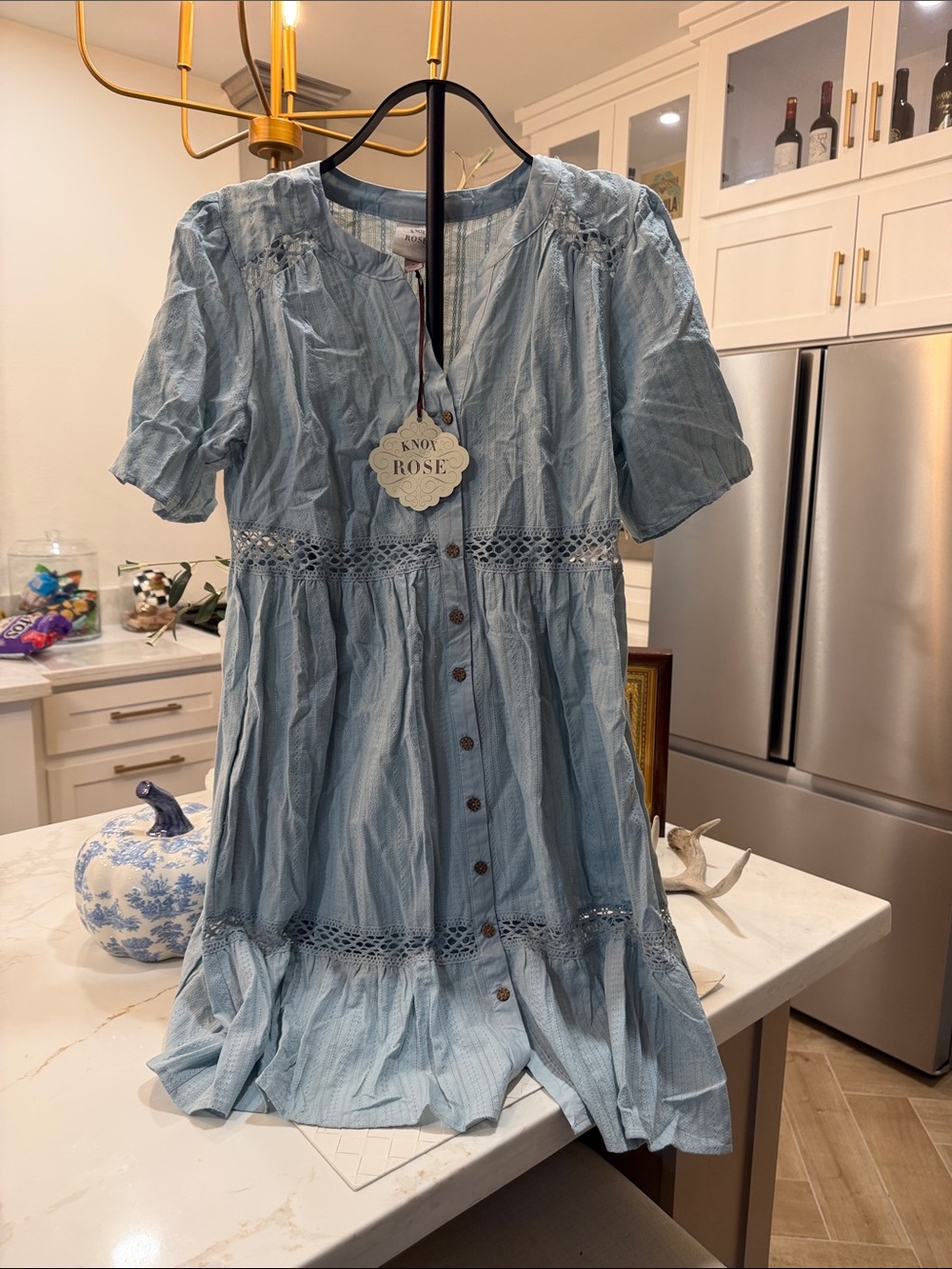 Knox Rose Baby Blue Button-Front Casual Dress with Lace Trim